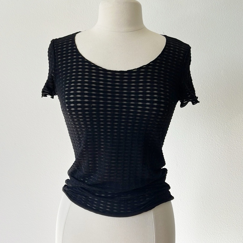 Armani Collezioni Black Sheer Open-Knit Short Sleeve Tee - Picture 7 of 7